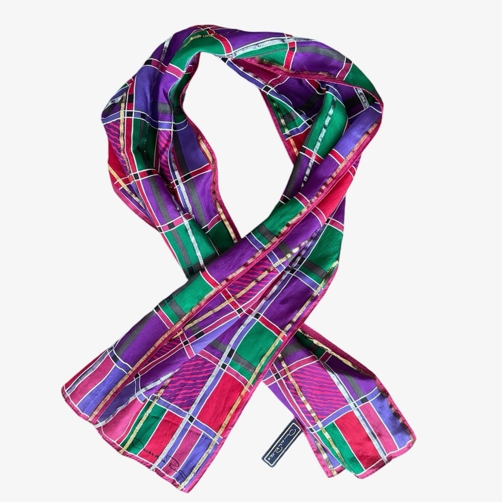 Oscar de la Renta vintage tartan colorful silk plaid metallic scarf 52x11